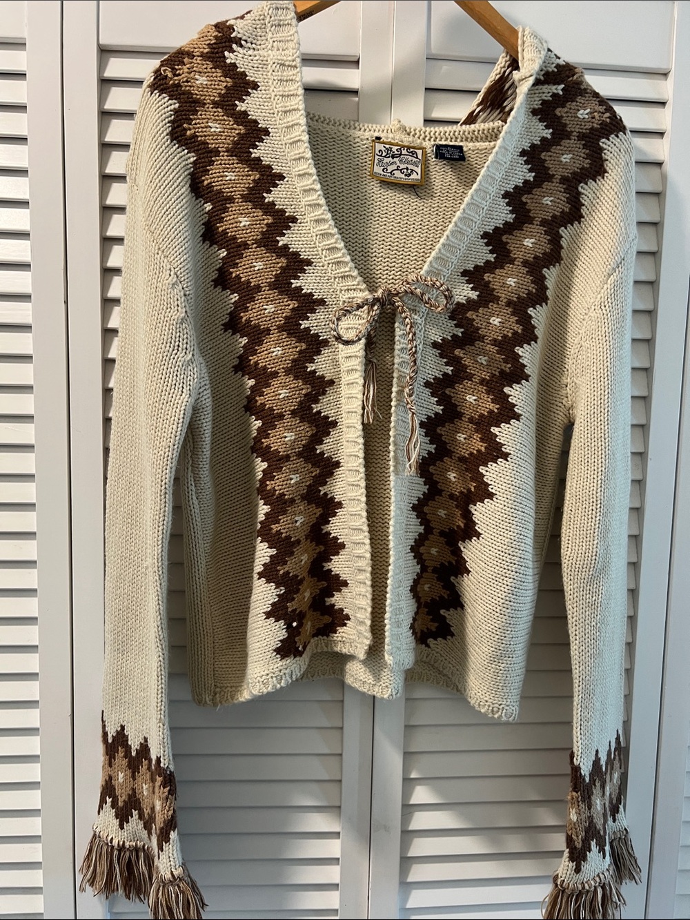 Cream & Brown Geometric Tie-Front Hooded Cardigan